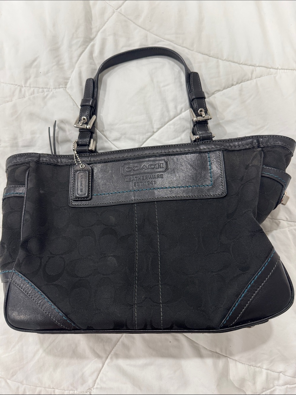 Coach Black Signature Jacquard Shoulder Tote with Leather Trim